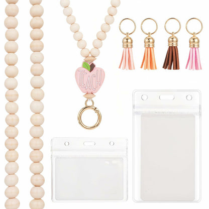 Bremorou Teacher Lanyard with ID Holder, Pink Wooden Beaded Boho Tassel