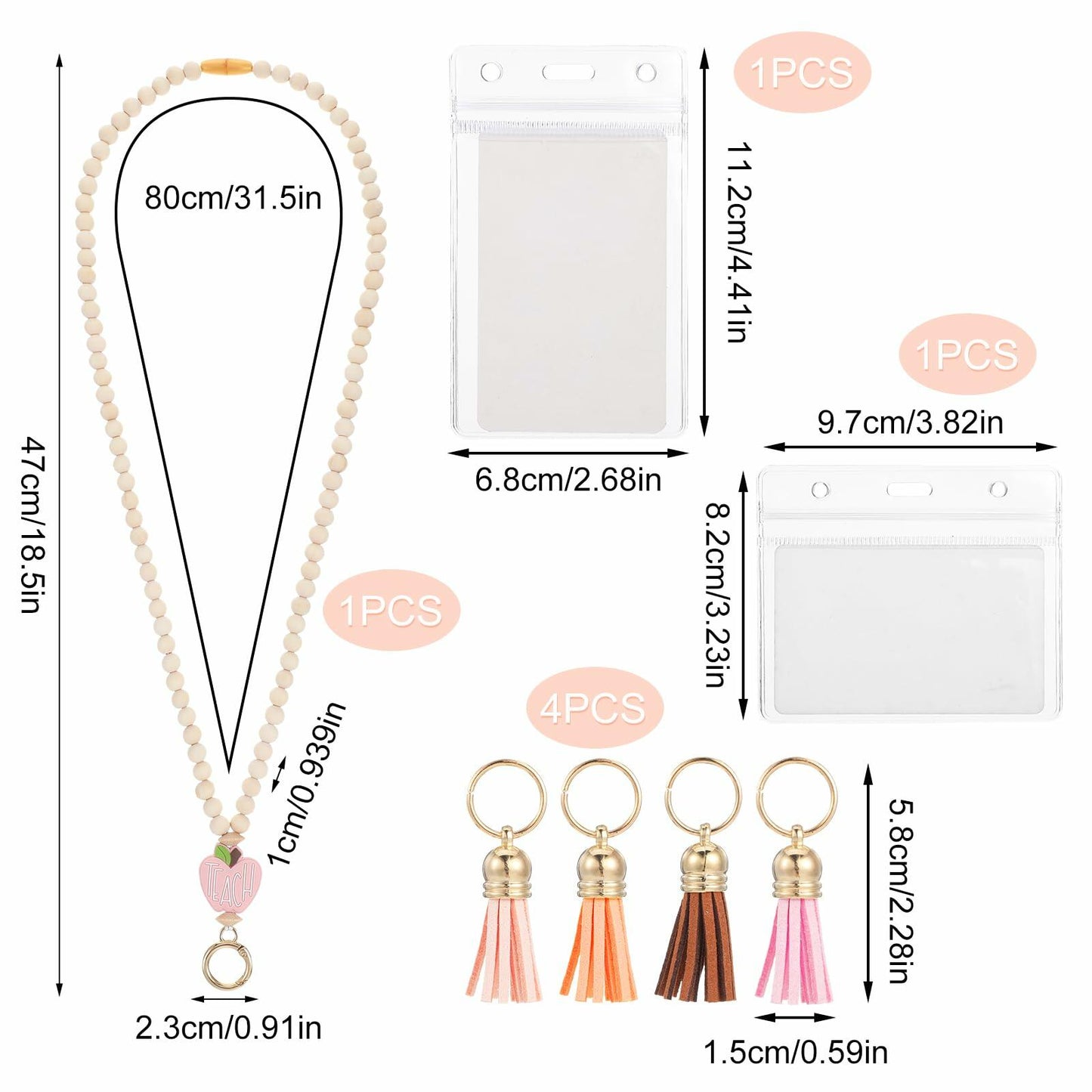 Bremorou Teacher Lanyard with ID Holder, Pink Wooden Beaded Boho Tassel