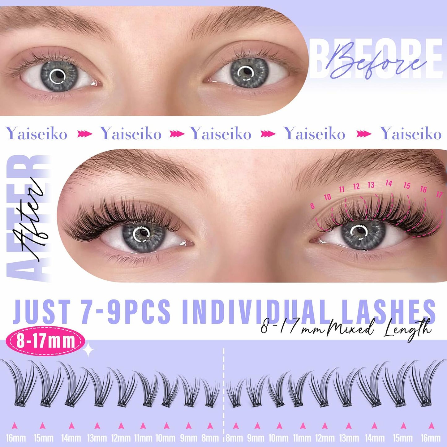 Yaiseiko Self Adhesive Lash Clusters Wispy C Curl 8-17MM 180Pcs