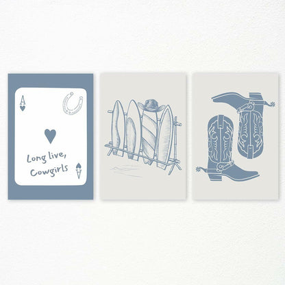 Venphude Coastal Art Canvas Set of 3 12x16in Unframed Blue Cowgirl Surfboard