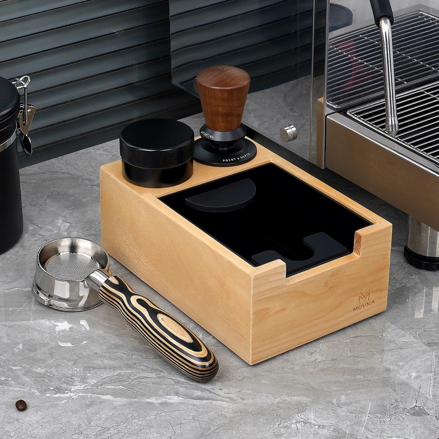 MUVNA Espresso Knock Box Wood Tamping Station Fits 51 54 58mm Tamper