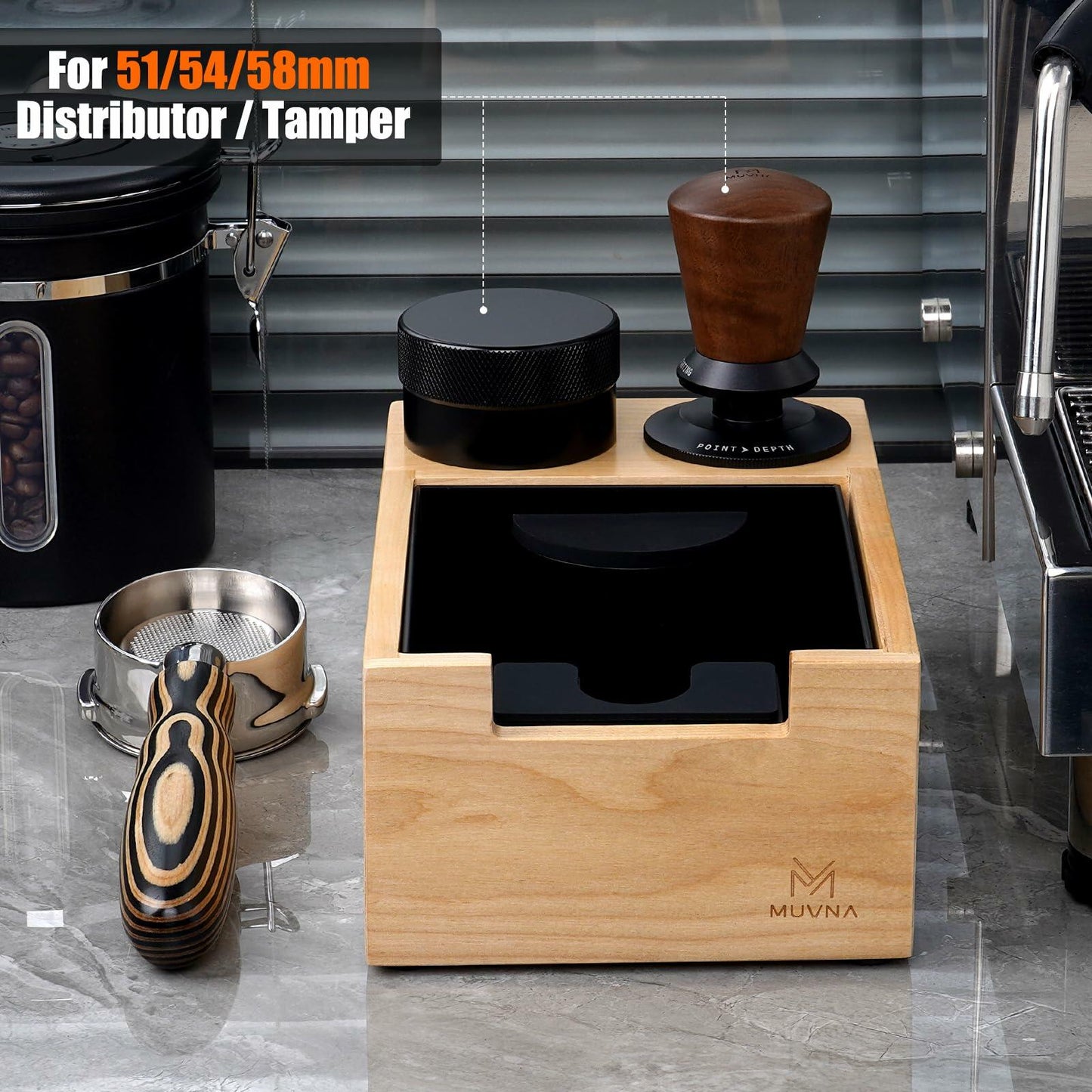 MUVNA Espresso Knock Box Wood Tamping Station Fits 51 54 58mm Tamper