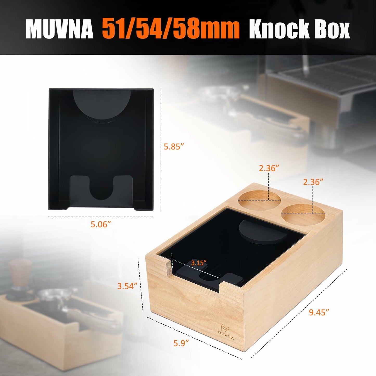 MUVNA Espresso Knock Box Wood Tamping Station Fits 51 54 58mm Tamper