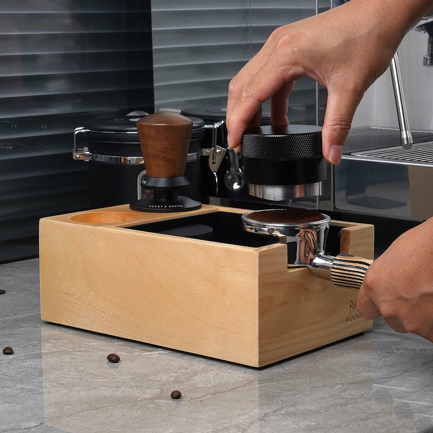 MUVNA Espresso Knock Box Wood Tamping Station Fits 51 54 58mm Tamper