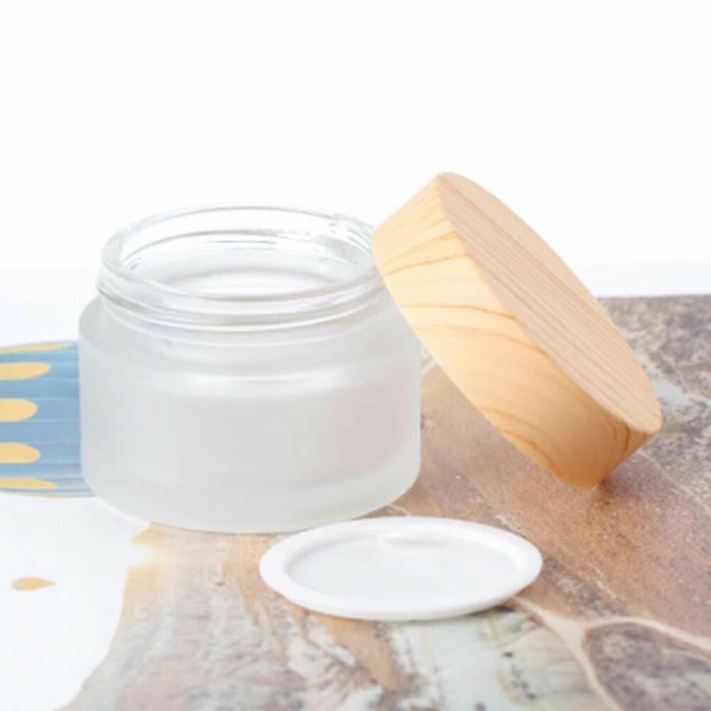 Furnido 5 Pack Frosted Glass Cream Jars with Wood Grain Lid White Cosmetic