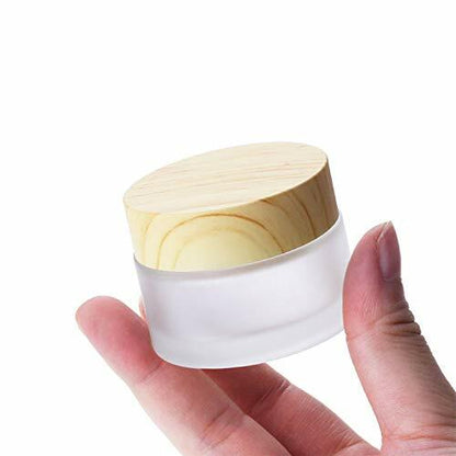 Furnido 5 Pack Frosted Glass Cream Jars with Wood Grain Lid White Cosmetic