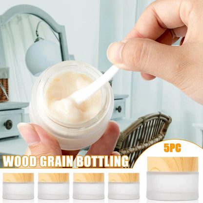Furnido 5 Pack Frosted Glass Cream Jars with Wood Grain Lid White Cosmetic