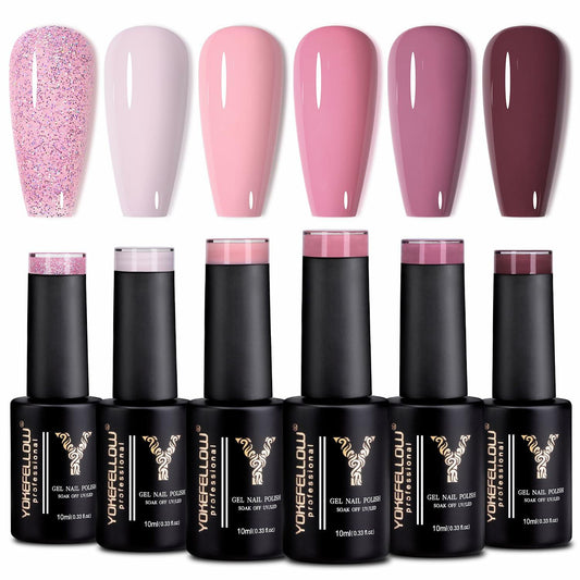YOKE FELLOW Gel Nail Polish Set 6 Pcs 10ML Nude Pink Glitter Gel Polish