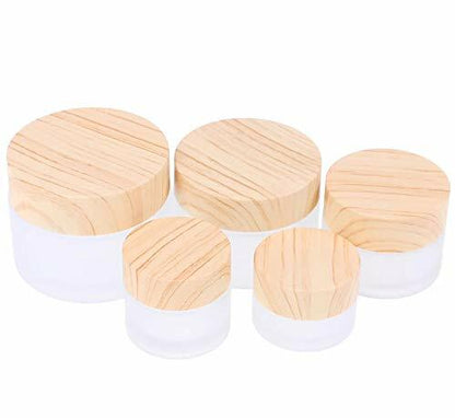 Furnido 5 Pack Frosted Glass Cream Jars with Wood Grain Lid White Cosmetic