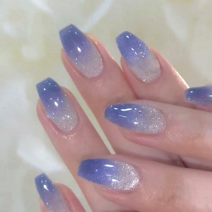 Cat Eye Press On Nails Short Coffin Purple Ombre Glitter 24 Pcs