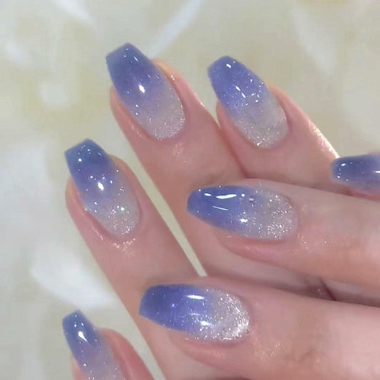 Cat Eye Press On Nails Short Coffin Purple Ombre Glitter 24 Pcs