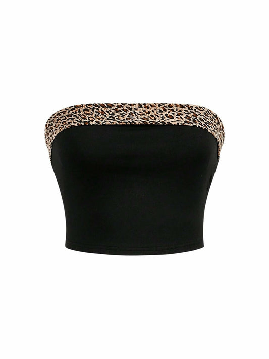 BEAUDRM Women's Leopard Crop Tube Top Strapless Sleeveless Black Size L