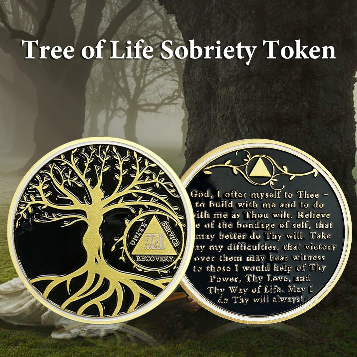 32 Year Sobriety Coin Gold Tree of Life AA NA Recovery Chip Token