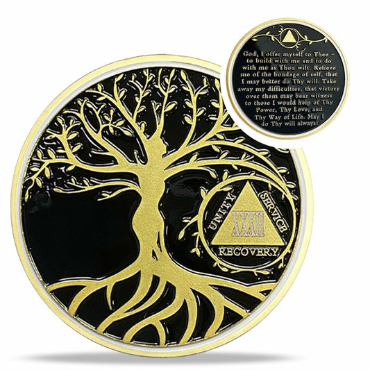 32 Year Sobriety Coin Gold Tree of Life AA NA Recovery Chip Token