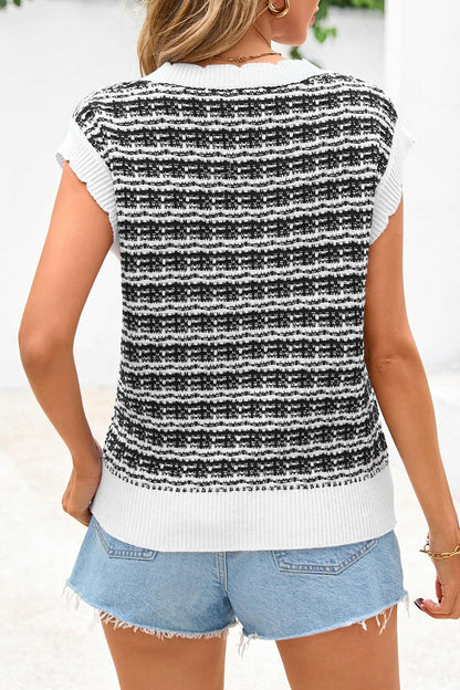 CFLONGE Women's Striped Crochet Knit Sweater Vest Black White Size S