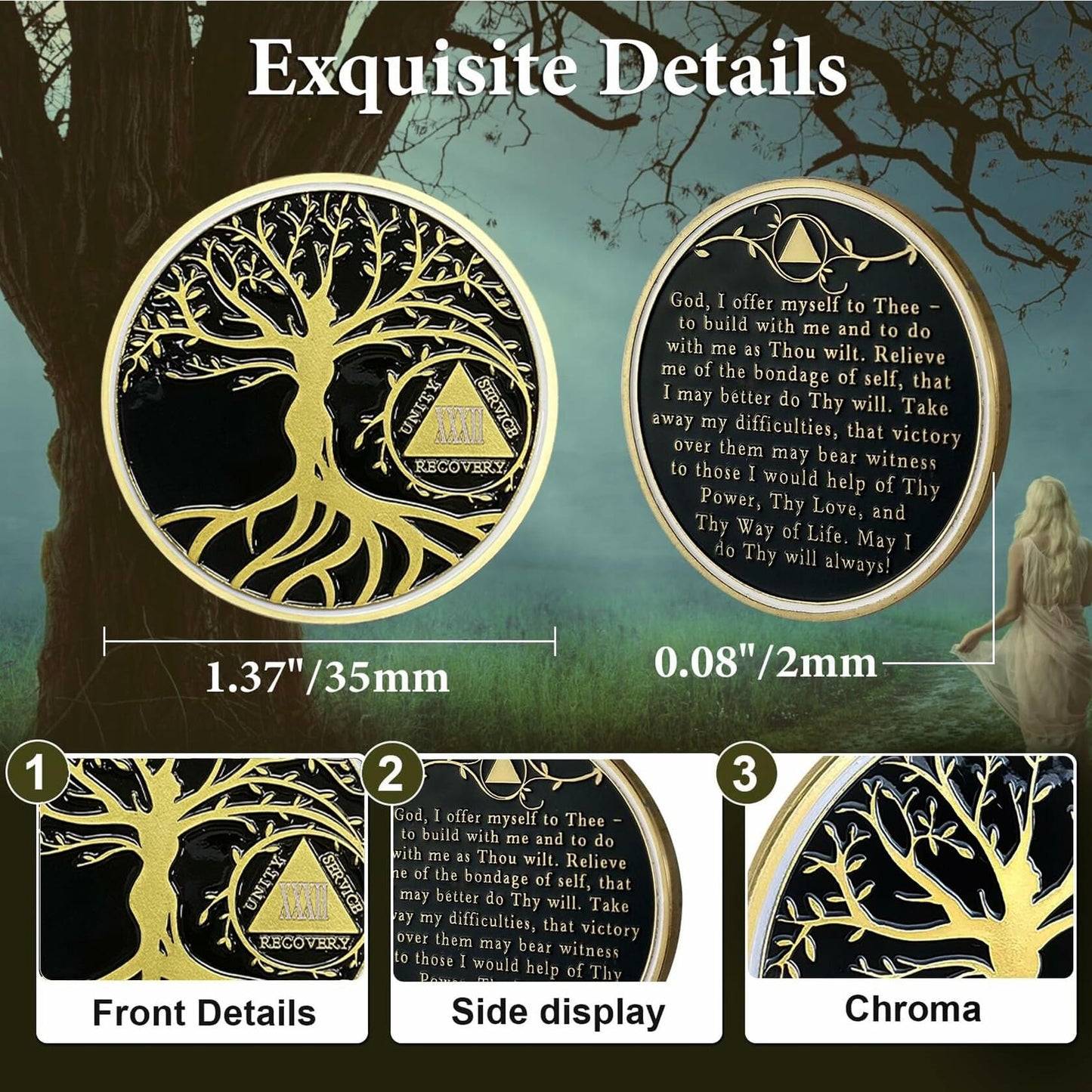 32 Year Sobriety Coin Gold Tree of Life AA NA Recovery Chip Token