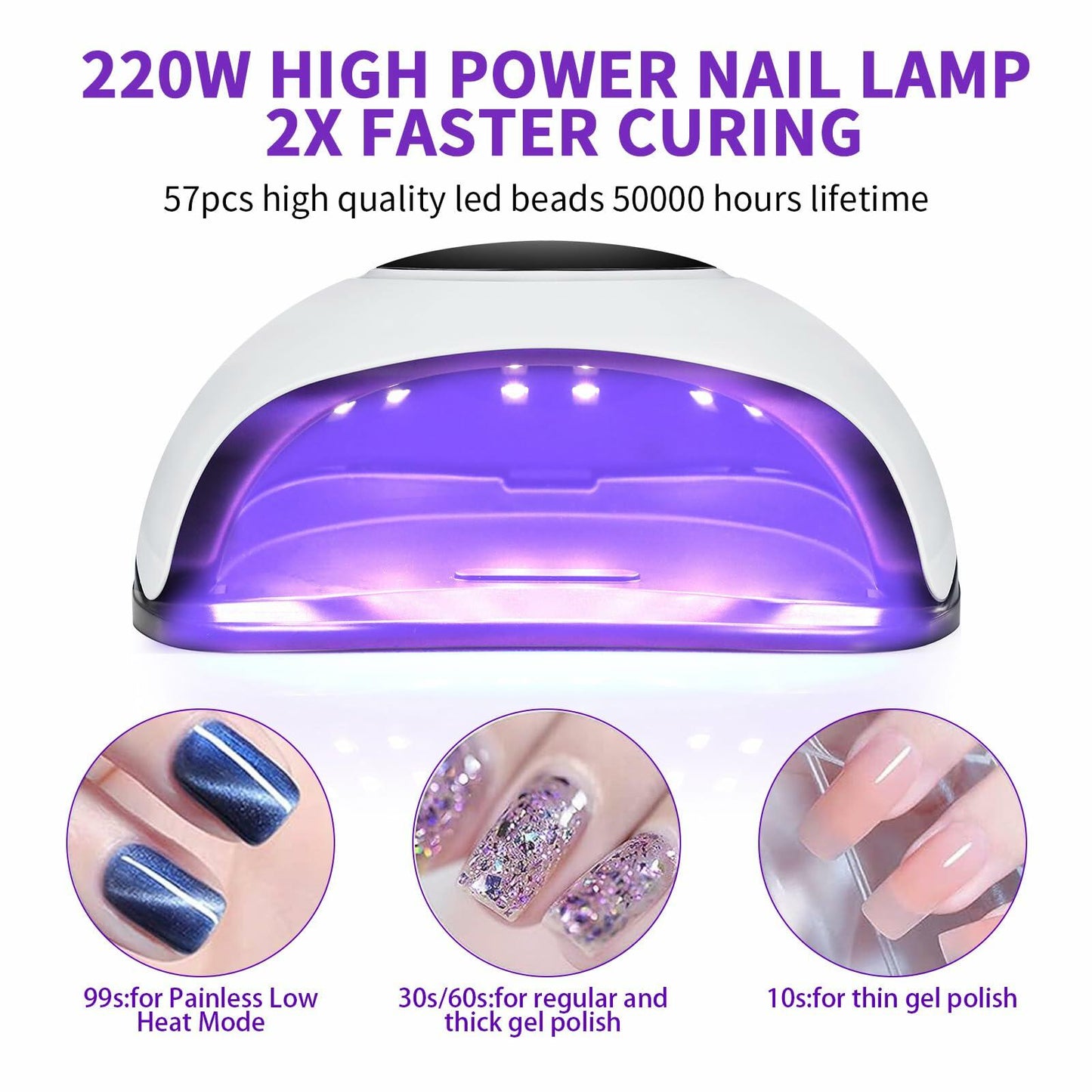 220W LED UV Gel Nail Lamp 4 Timer Settings Professional Curing Light White