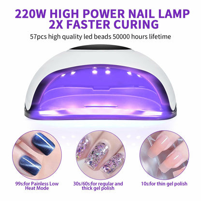220W LED UV Gel Nail Lamp 4 Timer Settings Professional Curing Light White