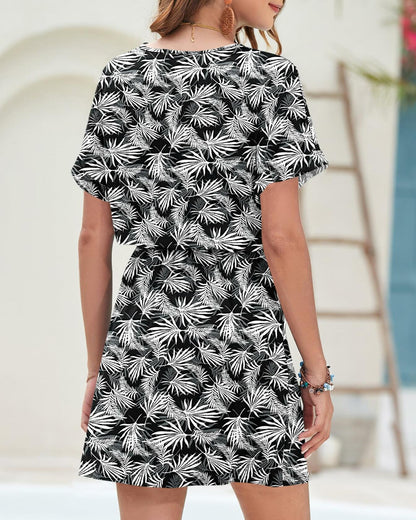 AUSELILY Women V Neck Summer Swing Dress Short Sleeve Pockets Leaf 2XL