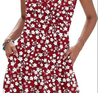 AUSELILY Women Sleeveless Floral Mini Dress Boho Pockets Red XL