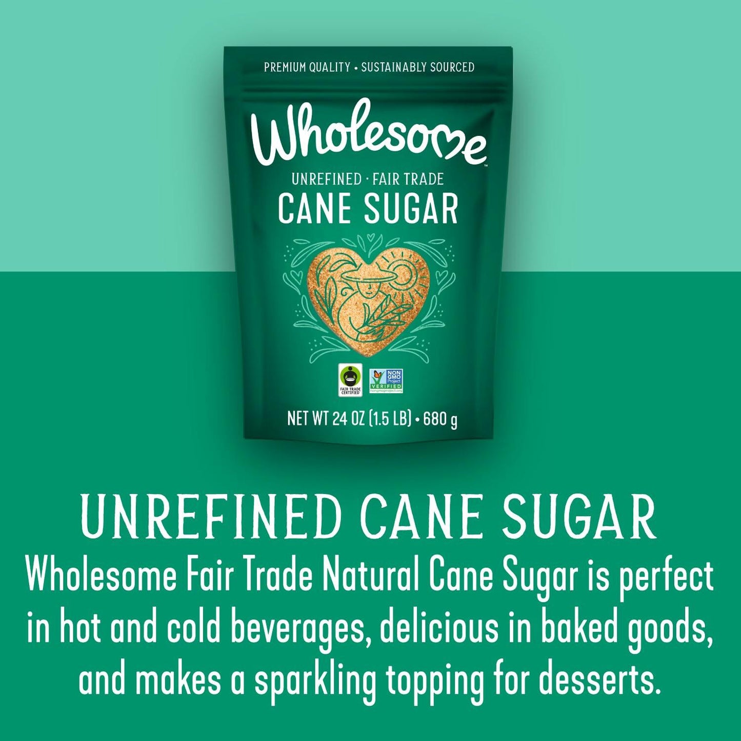 Wholesome Sweeteners Unrefined Cane Sugar 24oz Fair Trade Non GMO Vegan