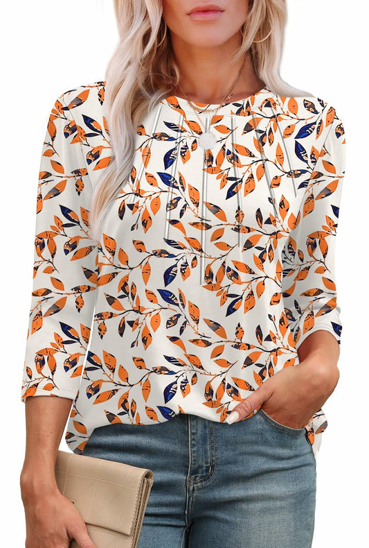 XIEERDUO Women's 3/4 Sleeve Pleated Floral Tunic Top Patterned-leaf Size M