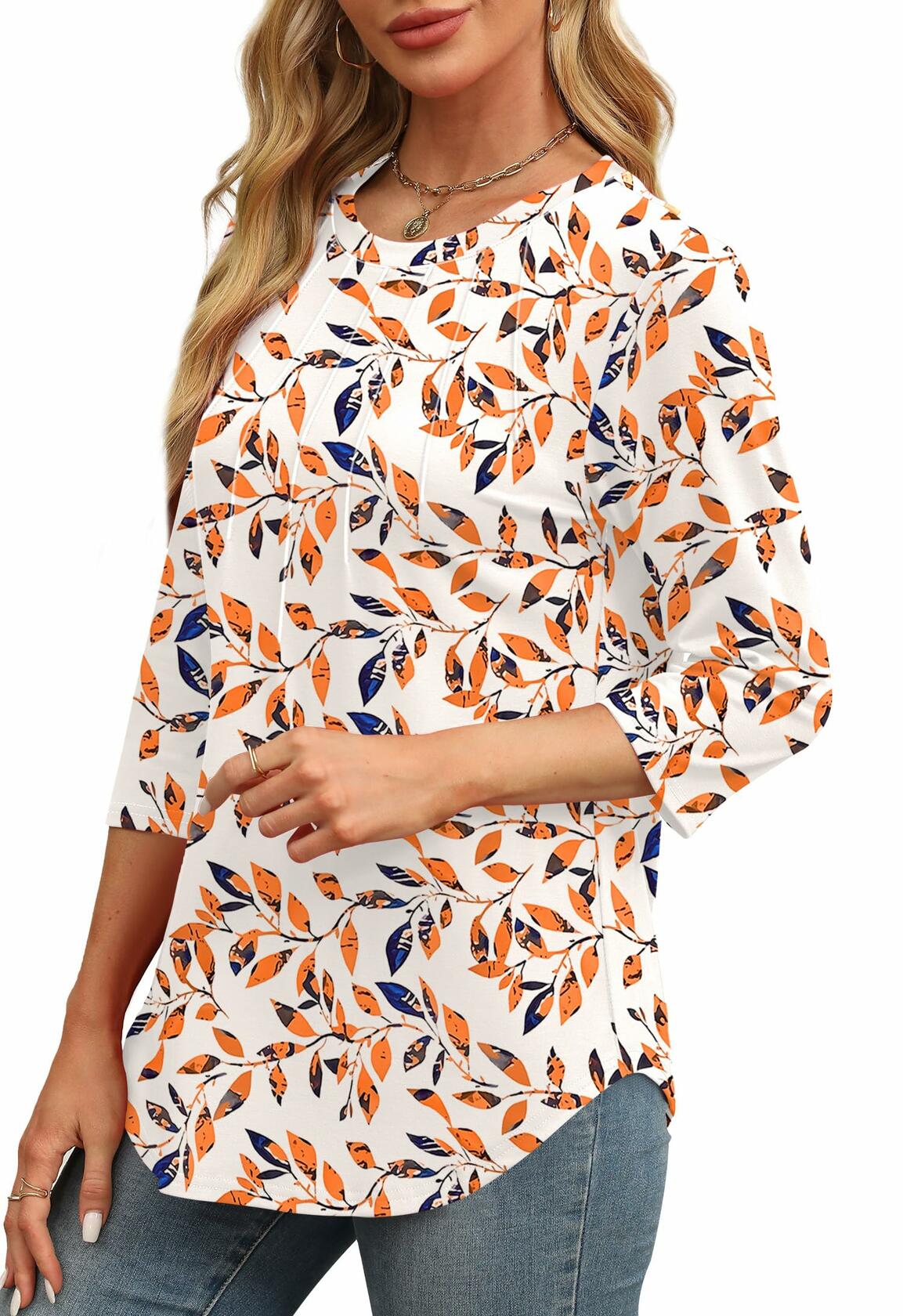 XIEERDUO Women's 3/4 Sleeve Pleated Floral Tunic Top Patterned-leaf Size M