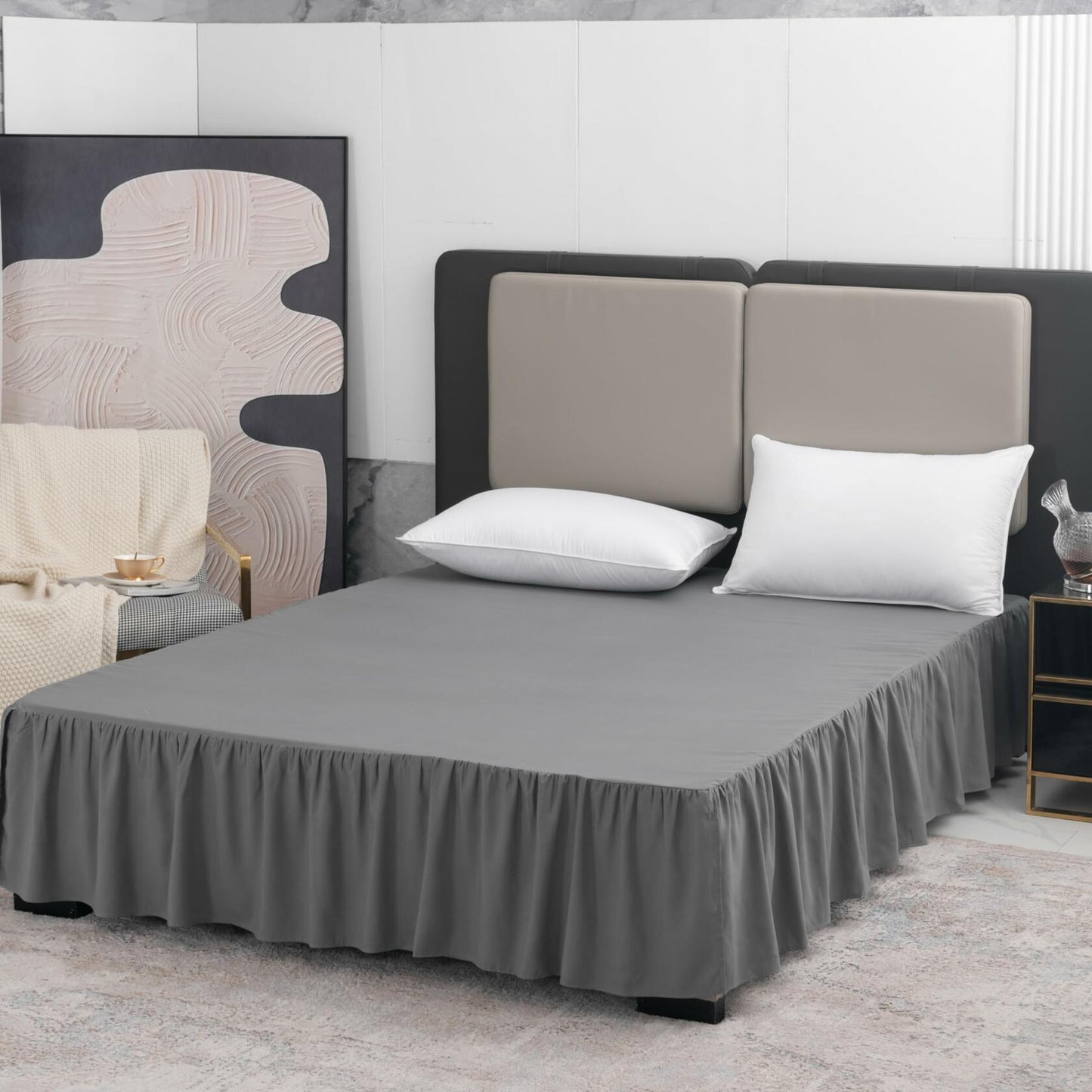 TSUTOMI Grey Full Size Ruffled Bed Skirt 16 Inch Drop Split Corners Size Full