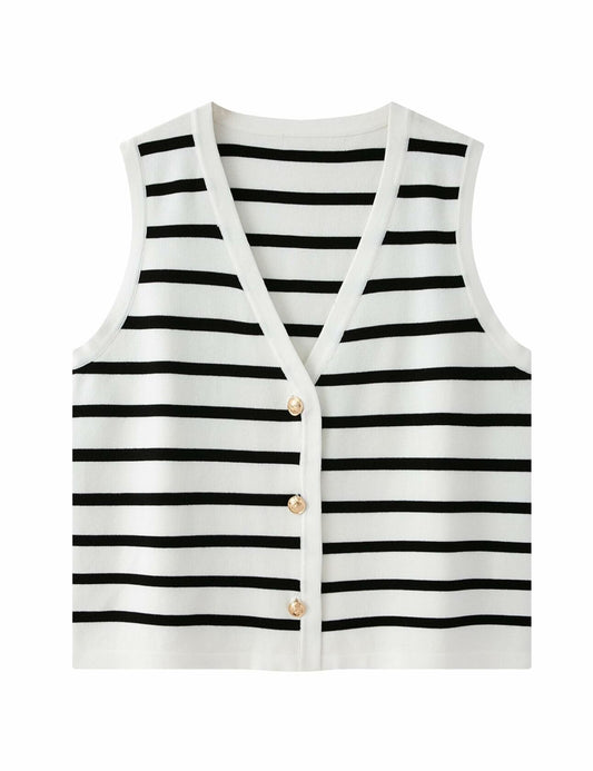 Chevara Women's Sleeveless Striped Sweater Vest V Neck White Size S