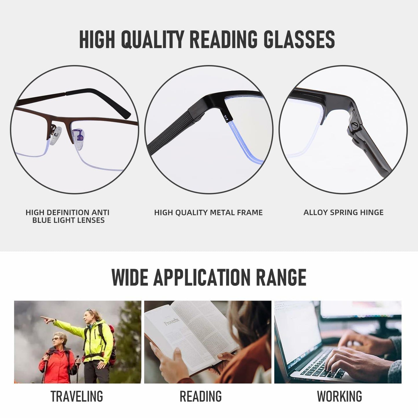 Anourney 3-Pack Men Reading Glasses Metal Half Frame Blue Light Blocking +1.75