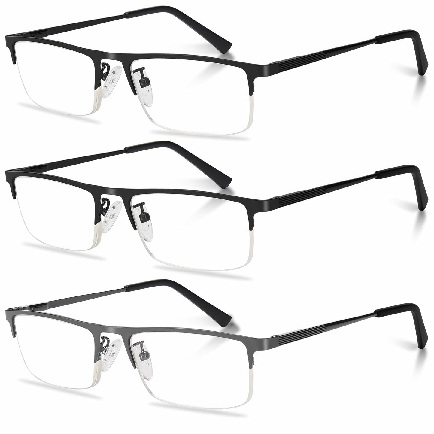Anourney 3-Pack Men Reading Glasses Metal Half Frame Blue Light Blocking +1.75