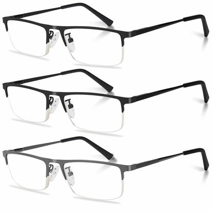 Anourney 3-Pack Men Reading Glasses Metal Half Frame Blue Light Blocking +1.75