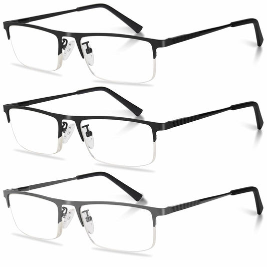Anourney 3-Pack Men Reading Glasses Metal Half Frame Blue Light Blocking +1.75