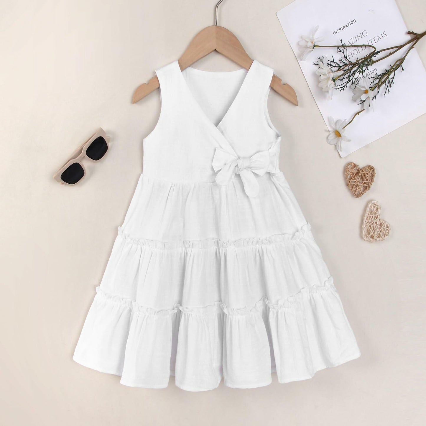 TIMOGG Toddler Girl Sleeveless Linen Cotton Dress Bow White Size 3-4T