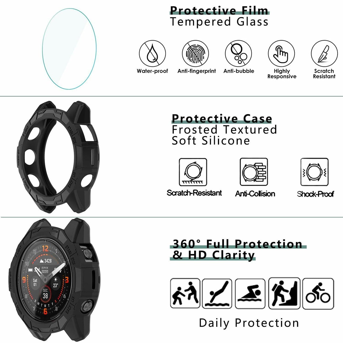 Msvueioe Garmin Fenix E 47MM Case Tempered Glass Screen Protector 5PC Black