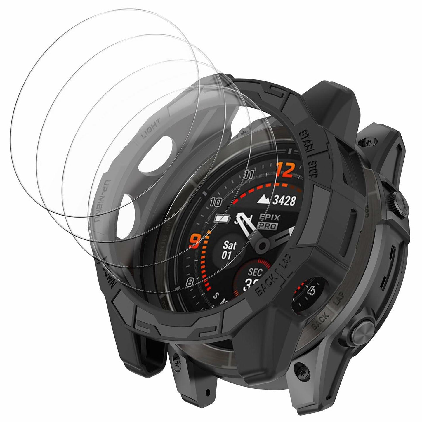 Msvueioe Garmin Fenix E 47MM Case Tempered Glass Screen Protector 5PC Black