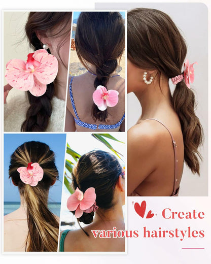 WELROG Hawaiian Flower Hair Ties Satin Scrunchies 6 Pieces Pink