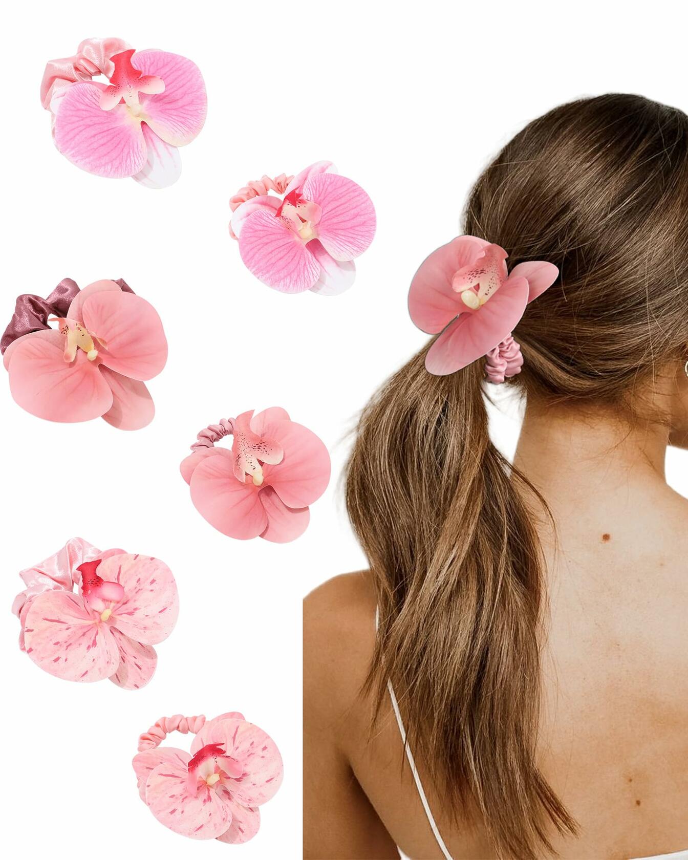 WELROG Hawaiian Flower Hair Ties Satin Scrunchies 6 Pieces Pink