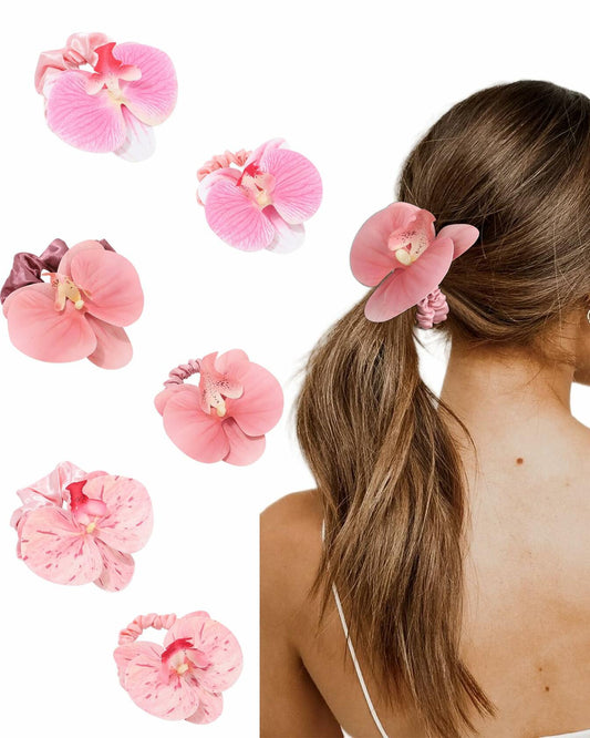WELROG Hawaiian Flower Hair Ties Satin Scrunchies 6 Pieces Pink