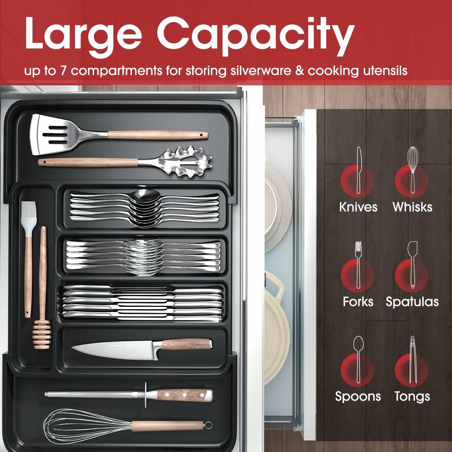 Aujen Expandable Silverware Organizer Kitchen Drawer Tray Black Medium
