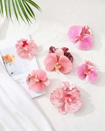 WELROG Hawaiian Flower Hair Ties Satin Scrunchies 6 Pieces Pink