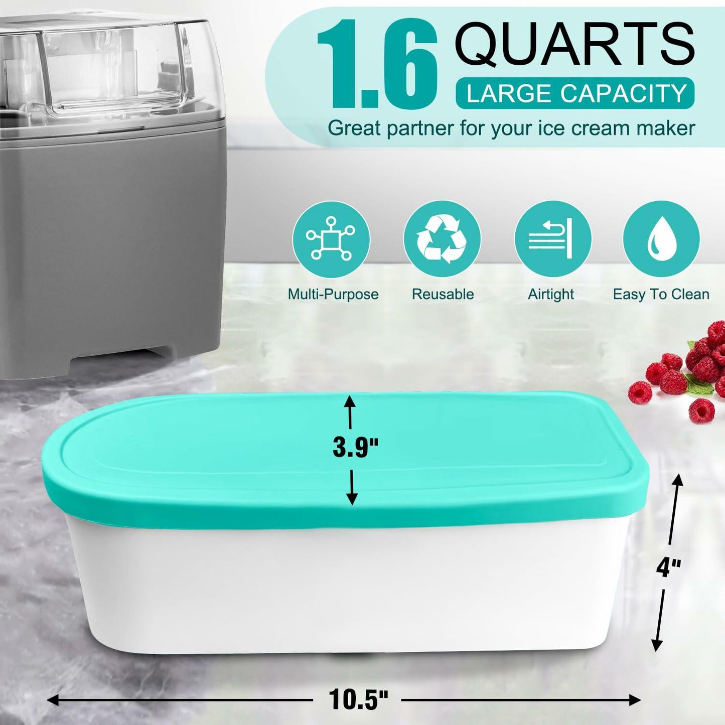 Walfos Ice Cream Containers 1.6 Quart Set of 2 with Silicone Lids Stackable