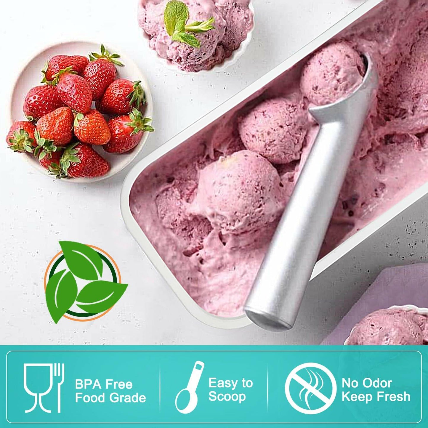 Walfos Ice Cream Containers 1.6 Quart Set of 2 with Silicone Lids Stackable