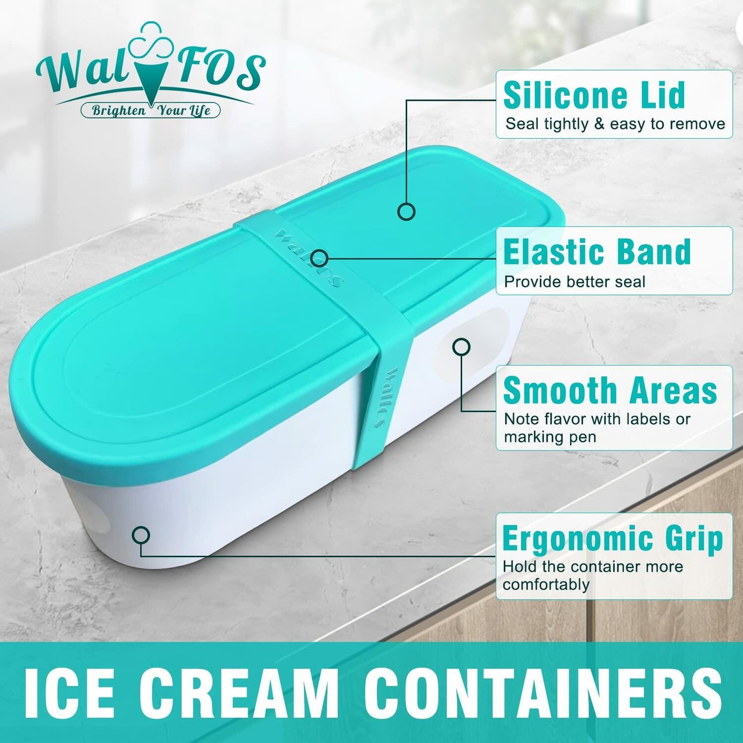 Walfos Ice Cream Containers 1.6 Quart Set of 2 with Silicone Lids Stackable
