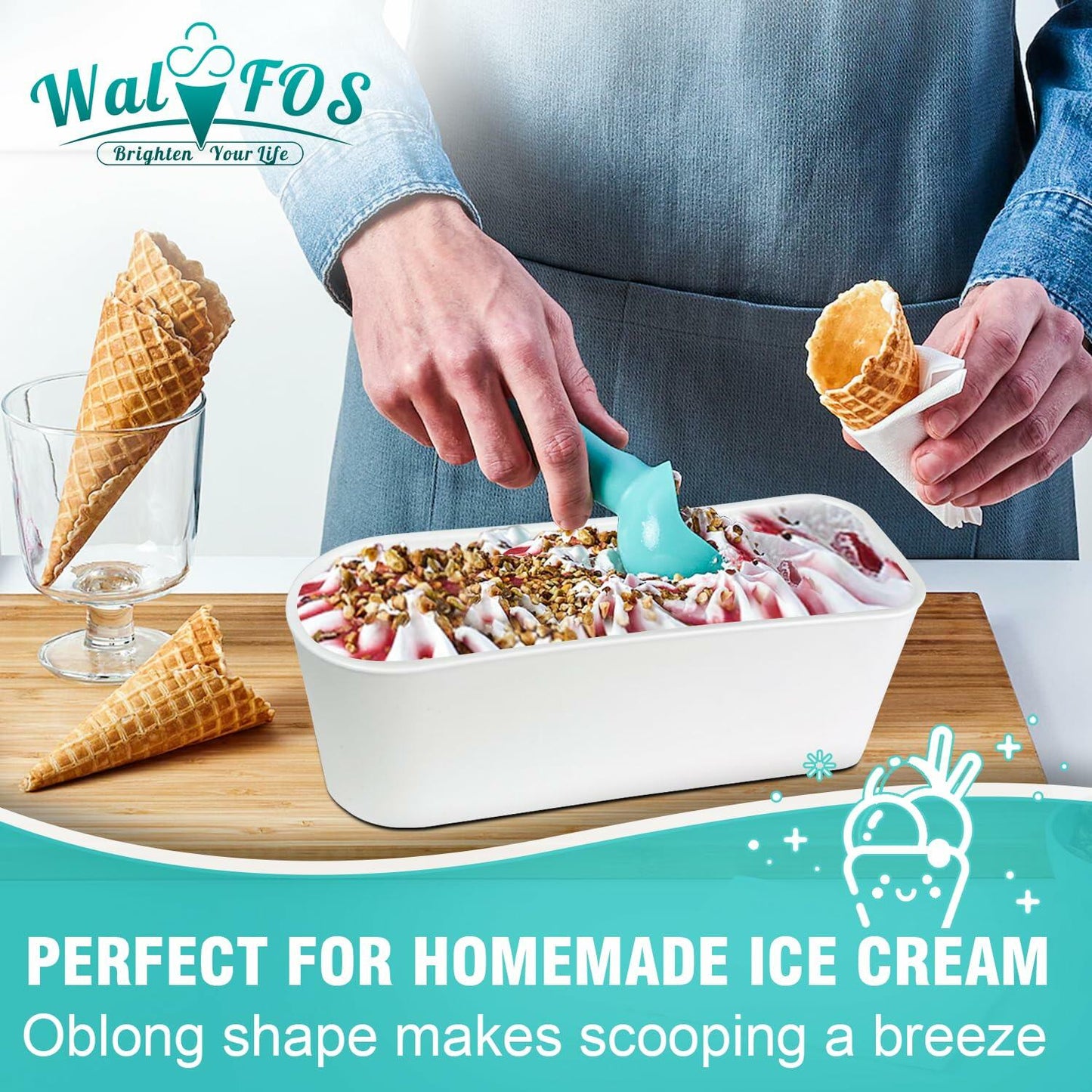 Walfos Ice Cream Containers 1.6 Quart Set of 2 with Silicone Lids Stackable