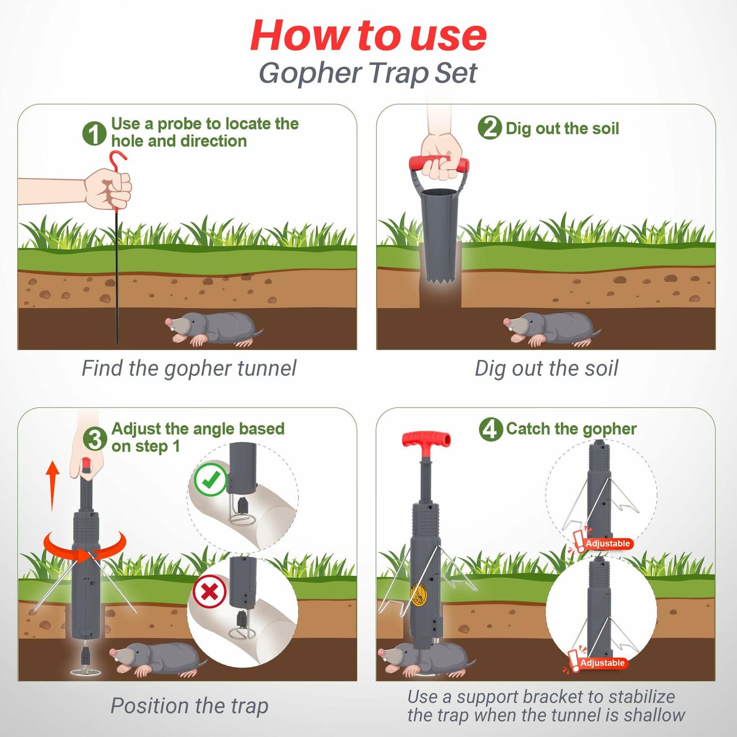 BUGNIX Gopher Mole Trap Set Garden Farm Lawn Control Reusable No Bait