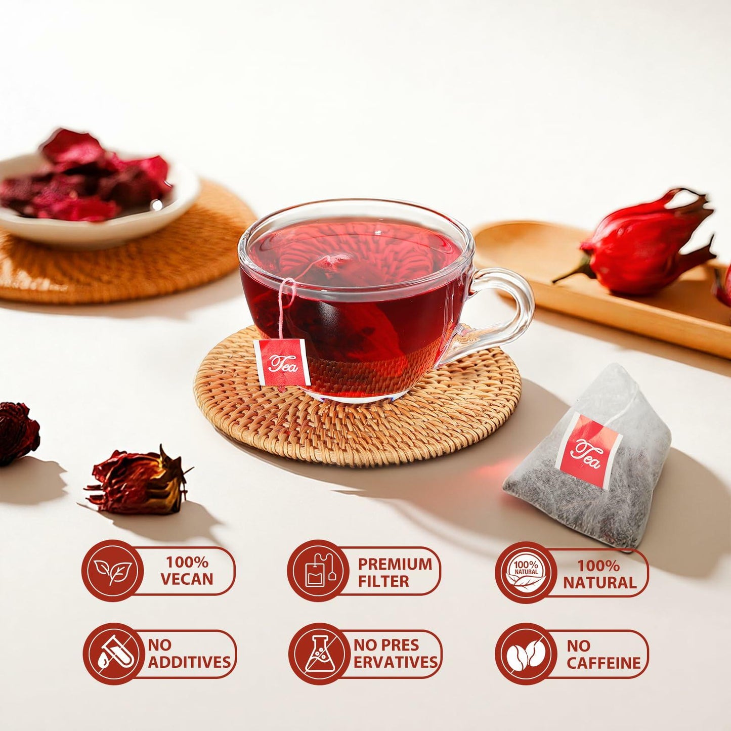 Yetypy Pure Natural Hibiscus Tea Bags 50 Count Caffeine-Free Antioxidants