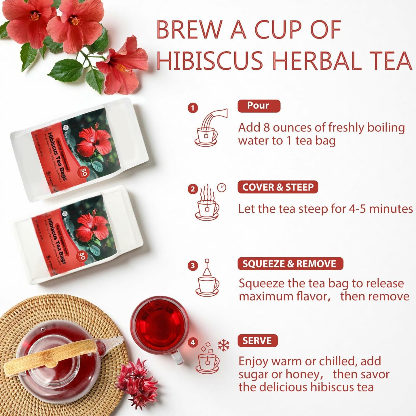 Yetypy Pure Natural Hibiscus Tea Bags 50 Count Caffeine-Free Antioxidants
