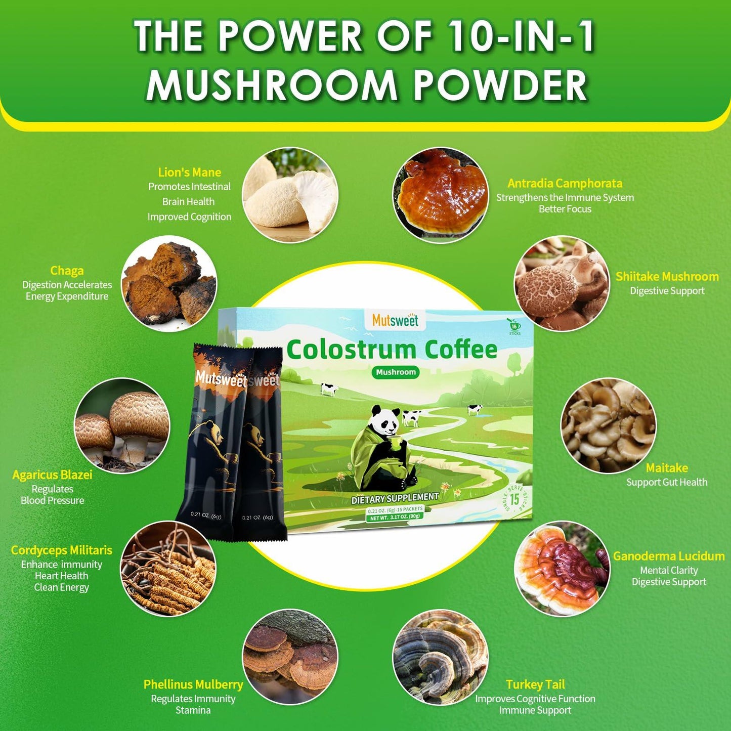 Mutsweet Colostrum Coffee 10 Mushroom Blend Immune Support 15 Servings
