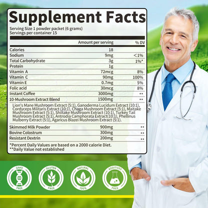 Mutsweet Colostrum Coffee 10 Mushroom Blend Immune Support 15 Servings
